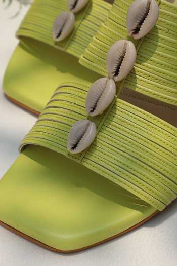Shop Shradha Hedau Footwear Couture Lime Inara Shell Block Heels Online at Aza Fashions Shop_Shradha Hedau Footwear Couture_Lime Inara Shell Block Heels _Online_at_Aza_Fashions