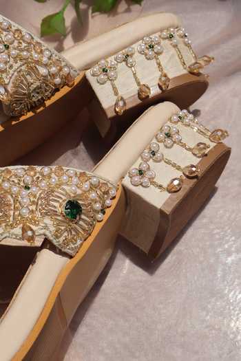 Shop Shradha Hedau Footwear Couture Beige Charu Embellished Block Heels Online at Aza Fashions Shop_Shradha Hedau Footwear Couture_Beige Charu Embellished Block Heels _Online_at_Aza_Fashions