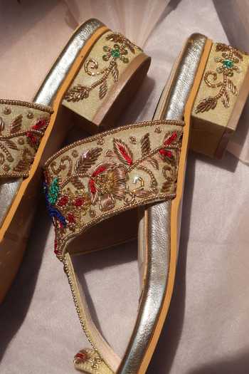 Shradha Hedau Footwear Couture Gold Tara Embroidered Block Heels Online at Aza Fashions Shradha Hedau Footwear Couture_Gold Tara Embroidered Block Heels _Online_at_Aza_Fashions