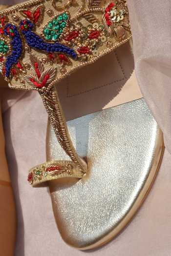 Shop Shradha Hedau Footwear Couture Gold Tara Embroidered Block Heels Online at Aza Fashions Shop_Shradha Hedau Footwear Couture_Gold Tara Embroidered Block Heels _Online_at_Aza_Fashions