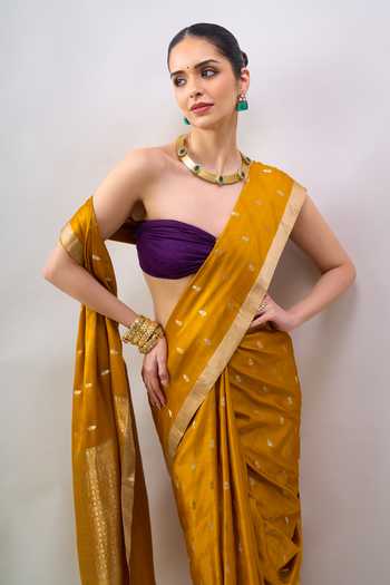 Buy_Mint N Oranges_Yellow Silk, Satin Handwoven Saree With Unstitched Blouse Piece _Online_at_Aza_Fashions