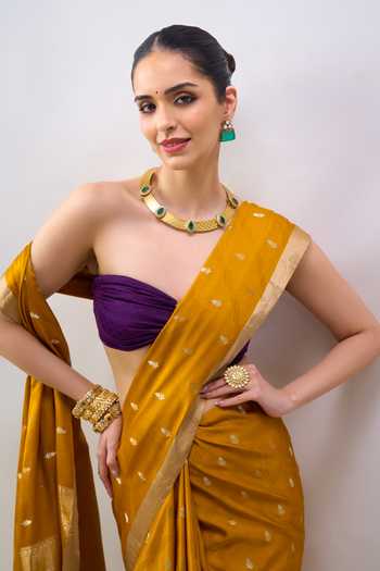 Shop_Mint N Oranges_Yellow Silk, Satin Handwoven Saree With Unstitched Blouse Piece _Online_at_Aza_Fashions