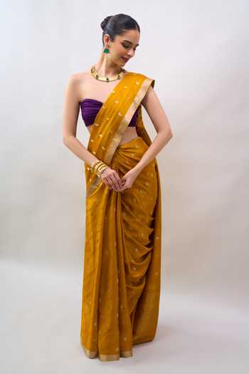 Buy_Mint N Oranges_Yellow Silk, Satin Handwoven Saree With Unstitched Blouse Piece 