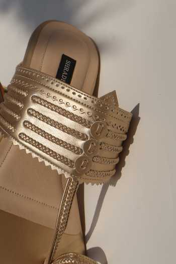 Shradha Hedau Footwear Couture Gold Meridian Kolhapuri Block Heels Online at Aza Fashions Shradha Hedau Footwear Couture_Gold Meridian Kolhapuri Block Heels _Online_at_Aza_Fashions