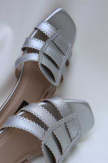 Shop Shradha Hedau Footwear Couture Silver Mirari Strappy Block Heels Shop_Shradha Hedau Footwear Couture_Silver Mirari Strappy Block Heels