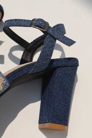 Shradha Hedau Footwear Couture Blue Kiomi Floral Embroidered Block Heels Online at Aza Fashions Shradha Hedau Footwear Couture_Blue Kiomi Floral Embroidered Block Heels _Online_at_Aza_Fashions