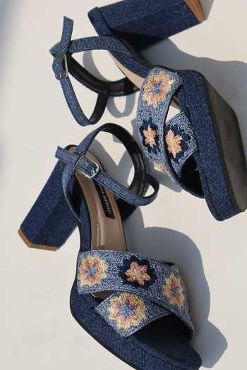 Shradha Hedau Footwear Couture Blue Kiomi Floral Embroidered Block Heels at Aza Fashions Shradha Hedau Footwear Couture_Blue Kiomi Floral Embroidered Block Heels _at_Aza_Fashions