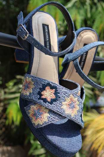 Buy Shradha Hedau Footwear Couture Blue Kiomi Floral Embroidered Block Heels Buy_Shradha Hedau Footwear Couture_Blue Kiomi Floral Embroidered Block Heels