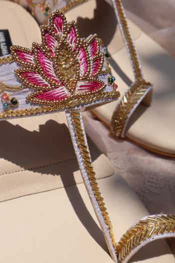 Shradha Hedau Footwear Couture_Beige Nia Lotus Embroidered Block Heels _Online_at_Aza_Fashions