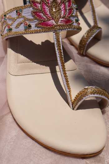 Buy_Shradha Hedau Footwear Couture_Beige Nia Lotus Embroidered Block Heels _Online_at_Aza_Fashions