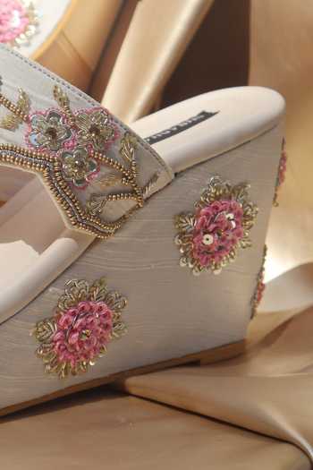 Shop Shradha Hedau Footwear Couture Beige Verena Rose Embroidered Wedges Online at Aza Fashions Shop_Shradha Hedau Footwear Couture_Beige Verena Rose Embroidered Wedges _Online_at_Aza_Fashions