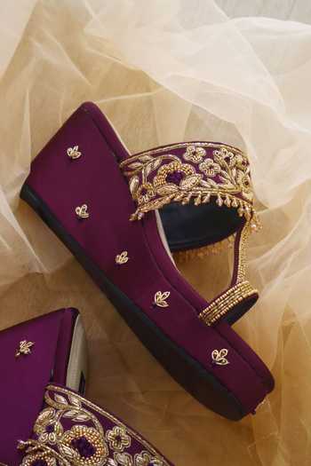 Shop Shradha Hedau Footwear Couture Wine Myra Hand Embroidered Wedges Online at Aza Fashions Shop_Shradha Hedau Footwear Couture_Wine Myra Hand Embroidered Wedges _Online_at_Aza_Fashions