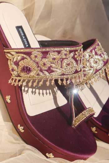Shradha Hedau Footwear Couture Wine Myra Hand Embroidered Wedges at Aza Fashions Shradha Hedau Footwear Couture_Wine Myra Hand Embroidered Wedges _at_Aza_Fashions