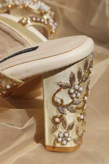 Shradha Hedau Footwear Couture Gold Ananya Embroidered Block Heels at Aza Fashions Shradha Hedau Footwear Couture_Gold Ananya Embroidered Block Heels _at_Aza_Fashions