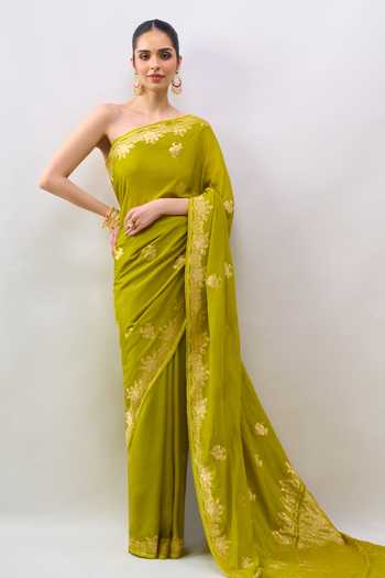 Mint N Oranges Floral Embroidered Saree With Running Blouse 
