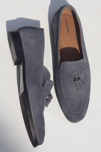 Buy Shradha Hedau Footwear Couture Grey Vincent Suede Moccasin Loafers Online at Aza Fashions Buy_Shradha Hedau Footwear Couture_Grey Vincent Suede Moccasin Loafers _Online_at_Aza_Fashions