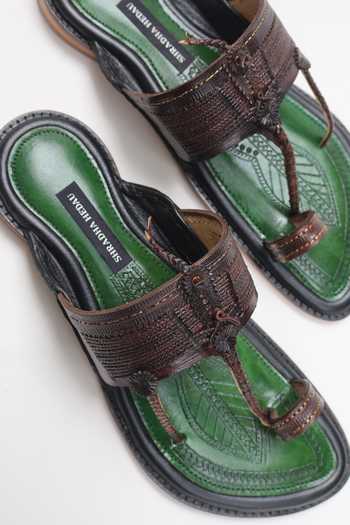 Shop Shradha Hedau Footwear Couture Green Malhar Leather Slider Sandals Online at Aza Fashions Shop_Shradha Hedau Footwear Couture_Green Malhar Leather Slider Sandals _Online_at_Aza_Fashions