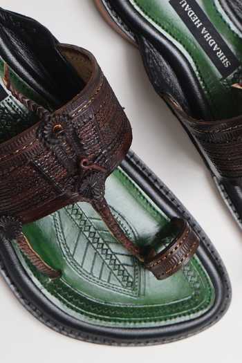 Shradha Hedau Footwear Couture Green Malhar Leather Slider Sandals at Aza Fashions Shradha Hedau Footwear Couture_Green Malhar Leather Slider Sandals _at_Aza_Fashions