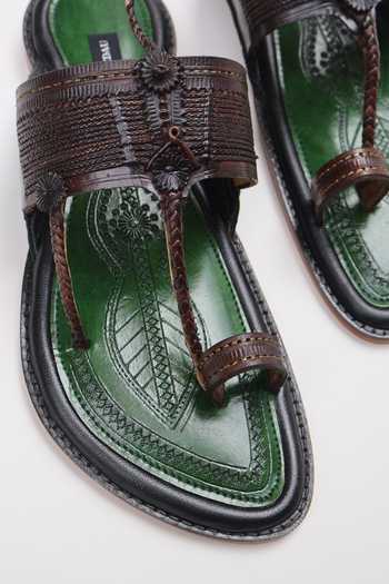 Shop Shradha Hedau Footwear Couture Green Malhar Leather Slider Sandals Shop_Shradha Hedau Footwear Couture_Green Malhar Leather Slider Sandals