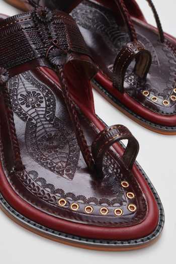 Buy_Shradha Hedau Footwear Couture_Burgundy Saurish Leather Slider Sandals _Online_at_Aza_Fashions