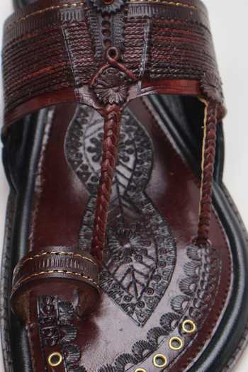 Buy Shradha Hedau Footwear Couture Brown Tejas Kolhapuri Slider Sandals Online at Aza Fashions Buy_Shradha Hedau Footwear Couture_Brown Tejas Kolhapuri Slider Sandals _Online_at_Aza_Fashions