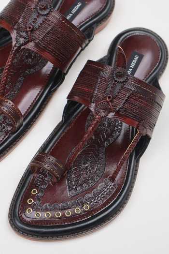 Shop Shradha Hedau Footwear Couture Brown Tejas Kolhapuri Slider Sandals Shop_Shradha Hedau Footwear Couture_Brown Tejas Kolhapuri Slider Sandals