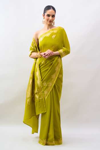 Buy_Mint N Oranges_Green Georgette Floral Embroidered Saree With Running Blouse _Online_at_Aza_Fashions