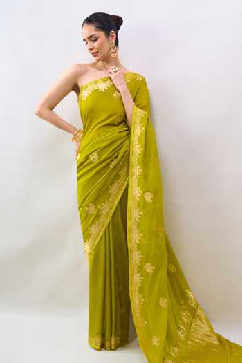Shop_Mint N Oranges_Green Georgette Floral Embroidered Saree With Running Blouse _Online_at_Aza_Fashions