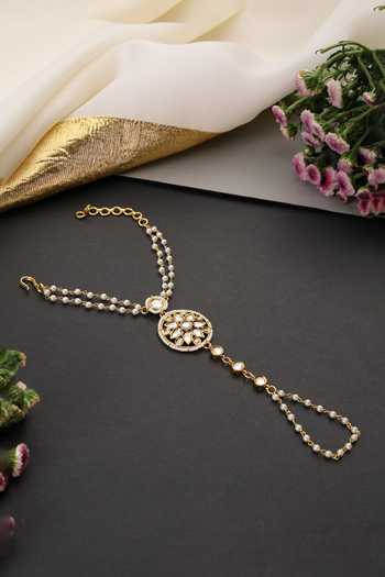 Swabhimann_Gold Plated Embellished Polki Hathphool _Online_at_Aza_Fashions