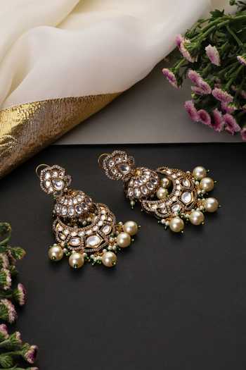 Shop_Swabhimann_Gold Plated White Polki And Pearls Chandbali Earrings _Online_at_Aza_Fashions