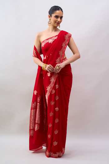 Buy Mint N Oranges Red Georgette Floral Motif Saree With Running Blouse Online at Aza Fashions Buy_Mint N Oranges_Red Georgette Floral Motif Saree With Running Blouse _Online_at_Aza_Fashions