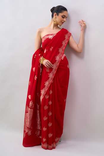 Shop Mint N Oranges Red Georgette Floral Motif Saree With Running Blouse Online at Aza Fashions Shop_Mint N Oranges_Red Georgette Floral Motif Saree With Running Blouse _Online_at_Aza_Fashions