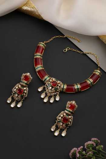 Shop_Swabhimann_Red Ruby And Polki Hasli Necklace Set _Online_at_Aza_Fashions