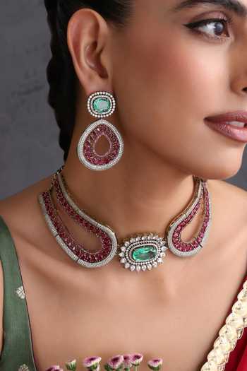 Swabhimann_Multi Color Emerald And Ruby Zirconia Choker Set _Online_at_Aza_Fashions
