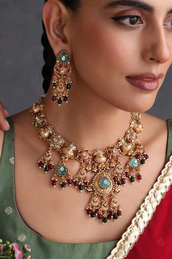 Shop_Swabhimann_Multi Color Multicolour Temple Work Necklace Set _Online_at_Aza_Fashions