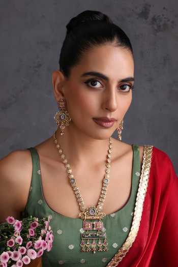 Swabhimann_Multi Color Temple Work Embellished Pendant Set _Online_at_Aza_Fashions