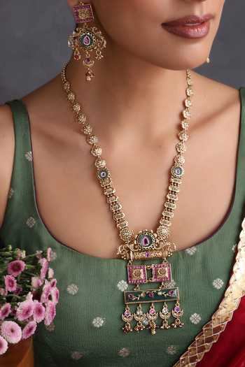 Shop_Swabhimann_Multi Color Temple Work Embellished Pendant Set _Online_at_Aza_Fashions