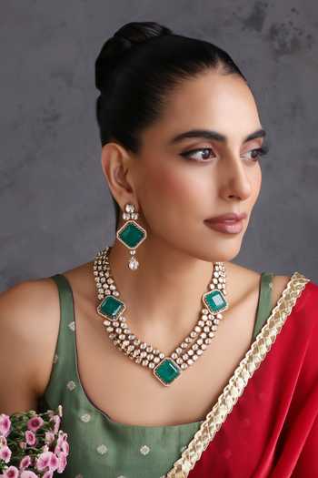Swabhimann_Green Emerald And Polki Layered Necklace Set _Online_at_Aza_Fashions