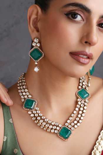 Buy_Swabhimann_Green Emerald And Polki Layered Necklace Set _Online_at_Aza_Fashions