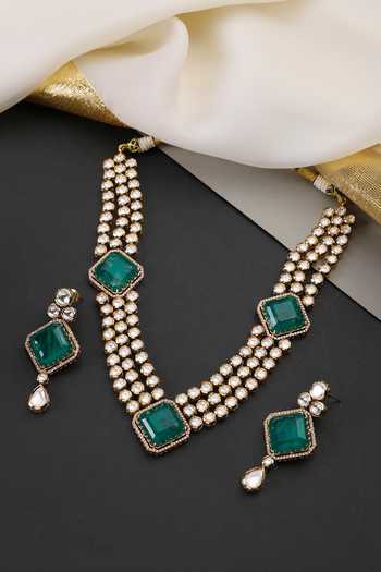 Shop_Swabhimann_Green Emerald And Polki Layered Necklace Set _Online_at_Aza_Fashions