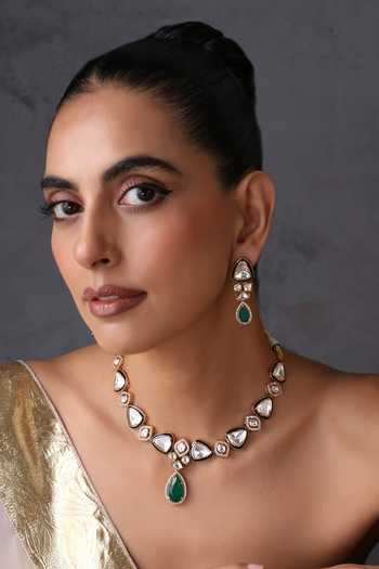 Swabhimann_Green Emerald And Polki Necklace Set _Online_at_Aza_Fashions