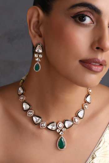 Buy_Swabhimann_Green Emerald And Polki Necklace Set _Online_at_Aza_Fashions