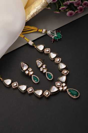 Shop_Swabhimann_Green Emerald And Polki Necklace Set _Online_at_Aza_Fashions