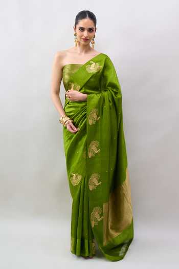 Mint N Oranges Handwoven Banarasi Silk Saree With Unstitched Blouse 