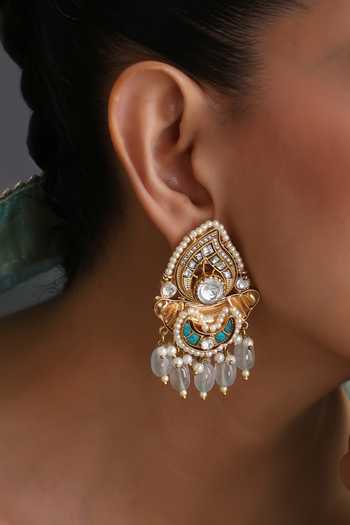 Swabhimann_Blue Firoza Kundan Chandbali Earrings _Online_at_Aza_Fashions