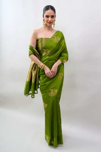 Buy Mint N Oranges Green Silk, Banarasi Handwoven Saree With Unstitched Blouse Online at Aza Fashions Buy_Mint N Oranges_Green Silk, Banarasi Handwoven Saree With Unstitched Blouse _Online_at_Aza_Fashions