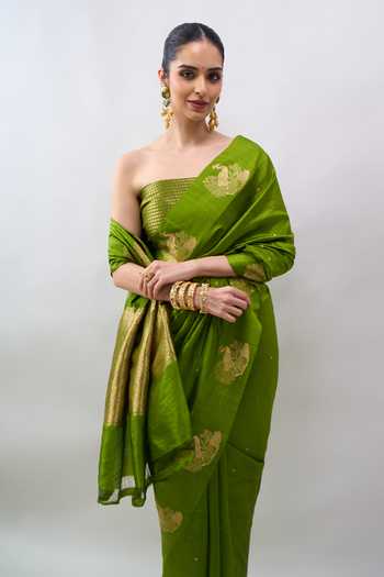 Shop Mint N Oranges Green Silk, Banarasi Handwoven Saree With Unstitched Blouse Online at Aza Fashions Shop_Mint N Oranges_Green Silk, Banarasi Handwoven Saree With Unstitched Blouse _Online_at_Aza_Fashions