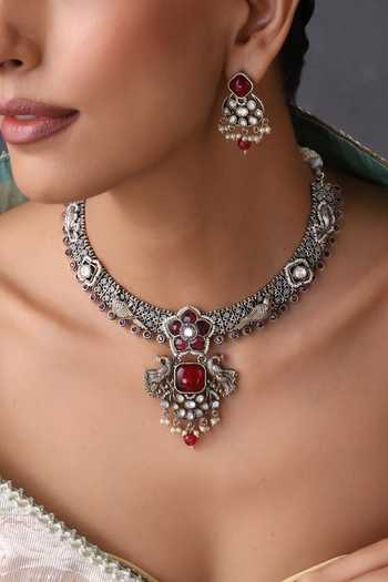 Swabhimann_Red Ruby And Polki Hasli Necklace Set _Online_at_Aza_Fashions