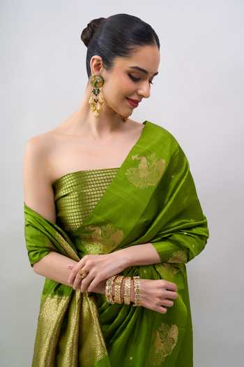 Buy Mint N Oranges Green Silk, Banarasi Handwoven Saree With Unstitched Blouse Buy_Mint N Oranges_Green Silk, Banarasi Handwoven Saree With Unstitched Blouse