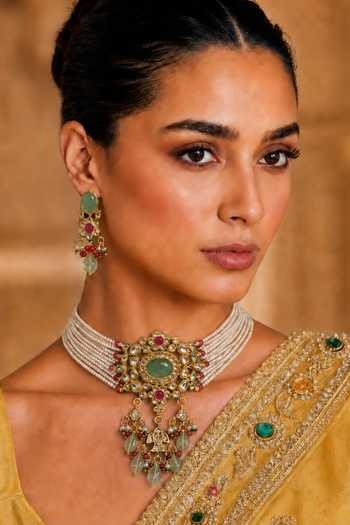Shop_Tad Accessories_Mint Imitation Kundan Brass Necklace And Earrings Set _Online_at_Aza_Fashions